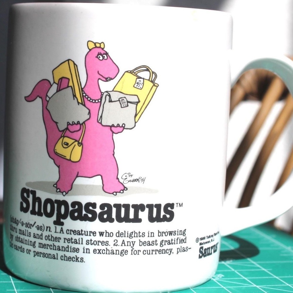 Shopasaurus Vintage 1986 Coffee‎ Mug Talking Tops Pink Dino Shopping 80